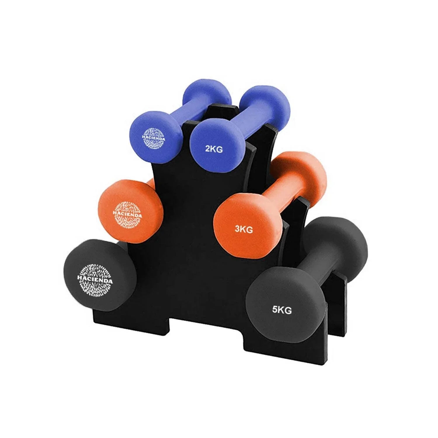 Set of blue, orange, and black dumbbells with weight labels on a black rack